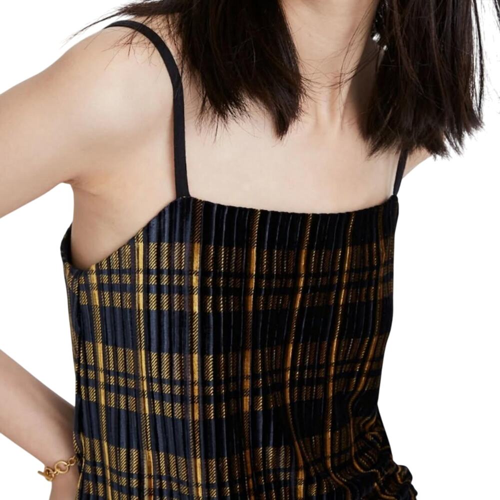 Madewell Womens Black and Gold Pleated Velvet Cami in Plaid Size XXS